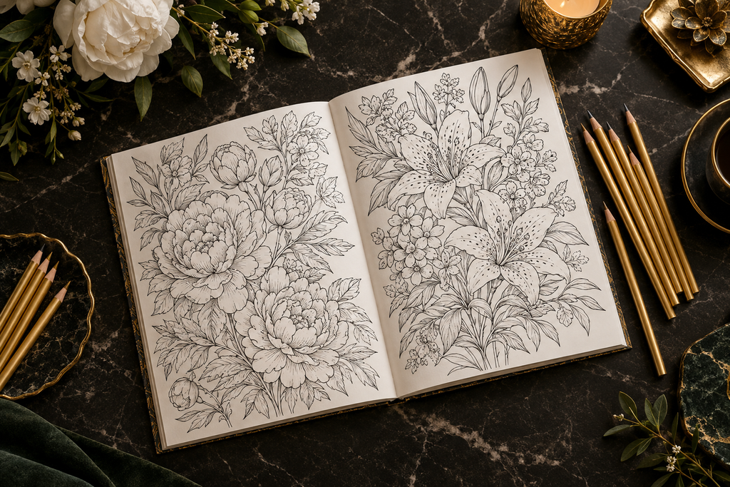 ColorVault Vol. 2 interior mockup - botanical floral coloring pages on dark marble surface with gold pencils
