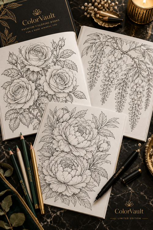 Interior mockup of ColorVault Vol. 2 botanical floral coloring pages on dark marble surface with gold accents and colored pencils